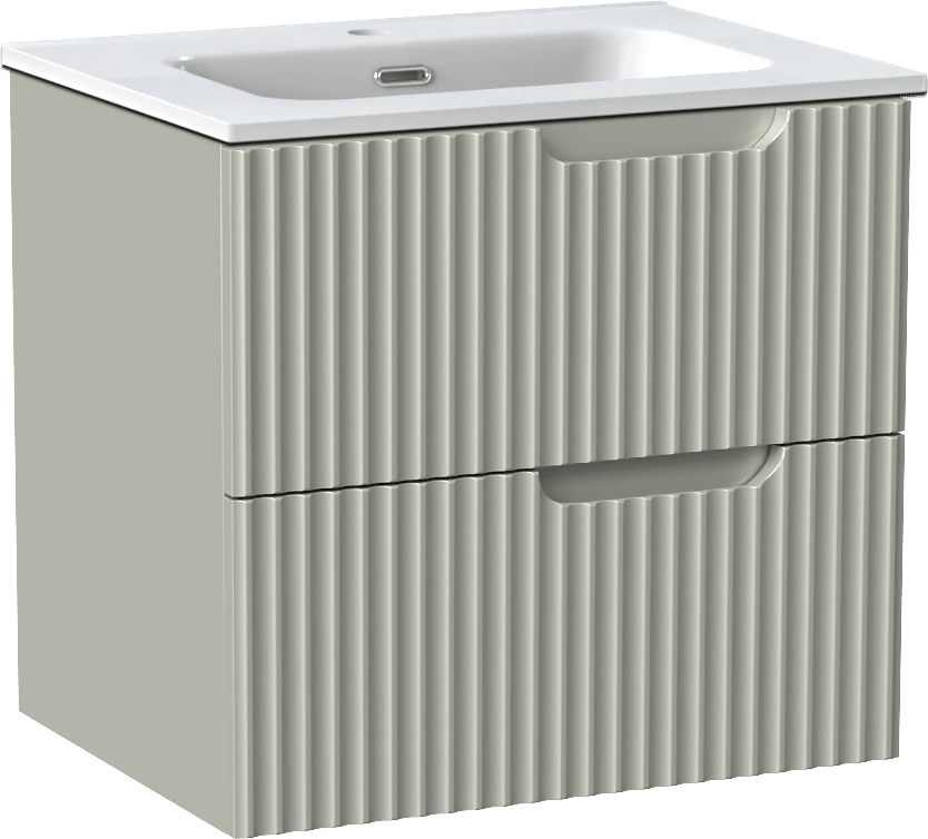 Linie Ribbo meuble salle de bains suspendu 60 x 46 cm greige avec Baro plan simple en porcelaine blanc brillant, Nervure circulaire symétrique verticale