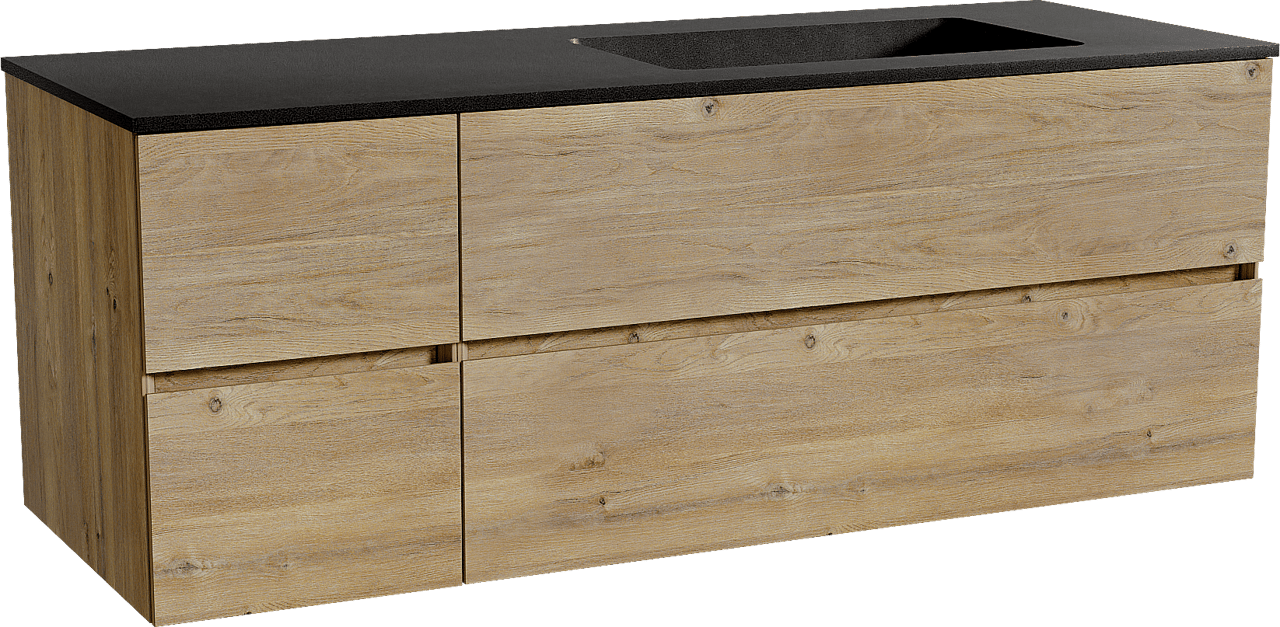 Storke Edge zwevend badmeubel 140 x 52 cm ruw eiken met Scuro asymmetrisch rechtse wastafel in kwarts mat zwart