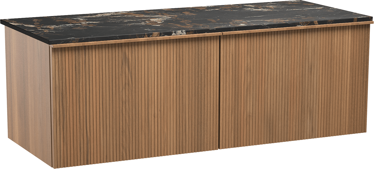 Balmani Forma zwevend badmeubel 135 x 55 cm teakhout met Stretto enkel of dubbel wastafelblad in marmer portoro gold, Verticale symmetrische rechte ribbel