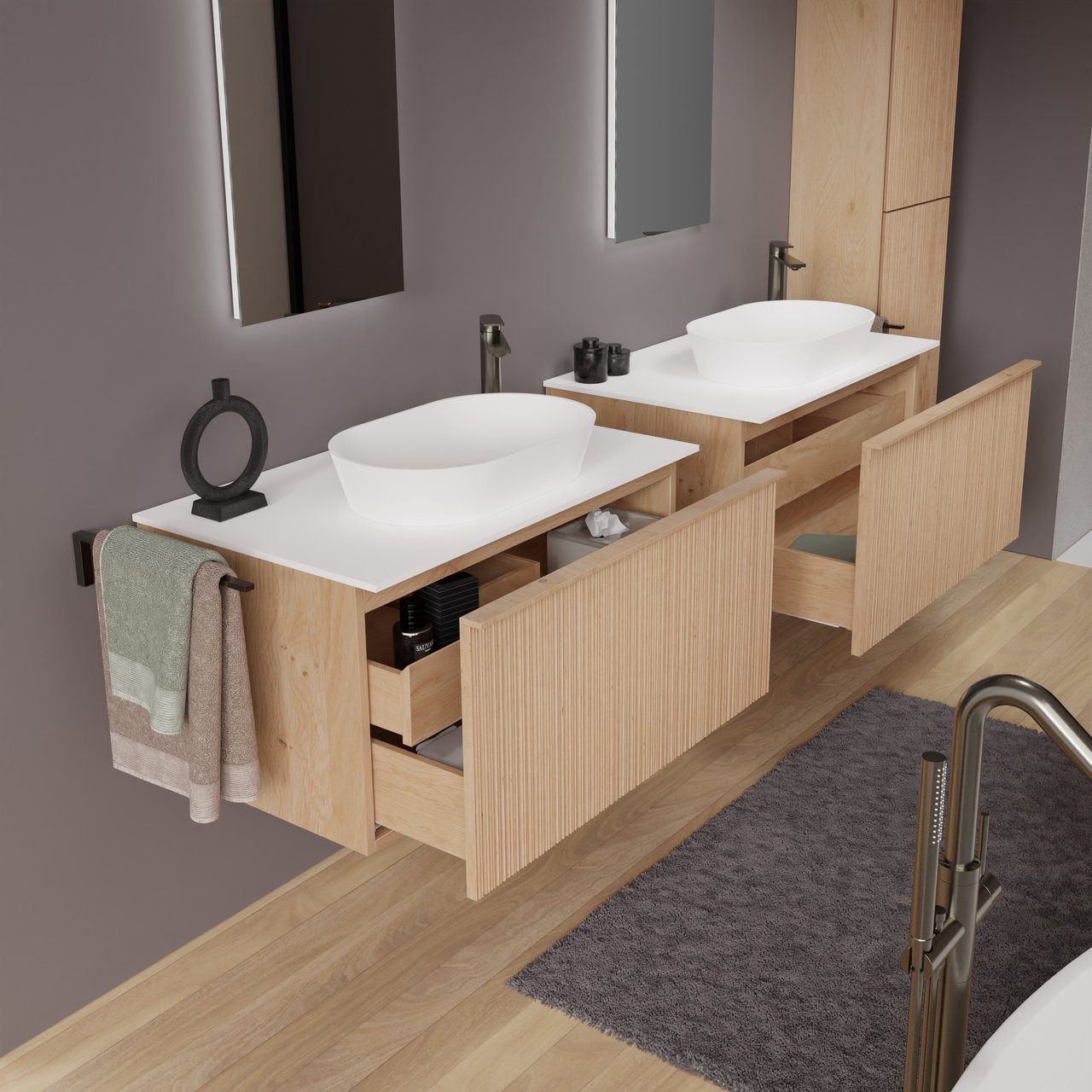 Balmani Forma meuble salle de bains suspendu 90 x 55 cm chêne naturel avec Stretto tablette simple en solid surface blanc mat, Nervure circulaire asymétrique verticale