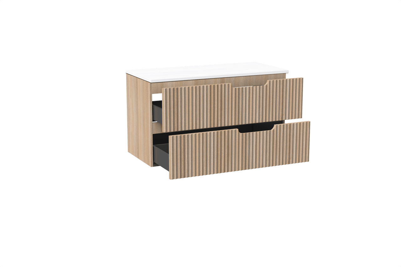 Linie Ribbo hängendes Möbelstück Set: 100 x 46 cm, Helle Eiche, mit Lado Einzel- oder Doppel Waschtischplatte, Marmorkomposit, Weiß matt, Vertikale symmetrische runde Rippe