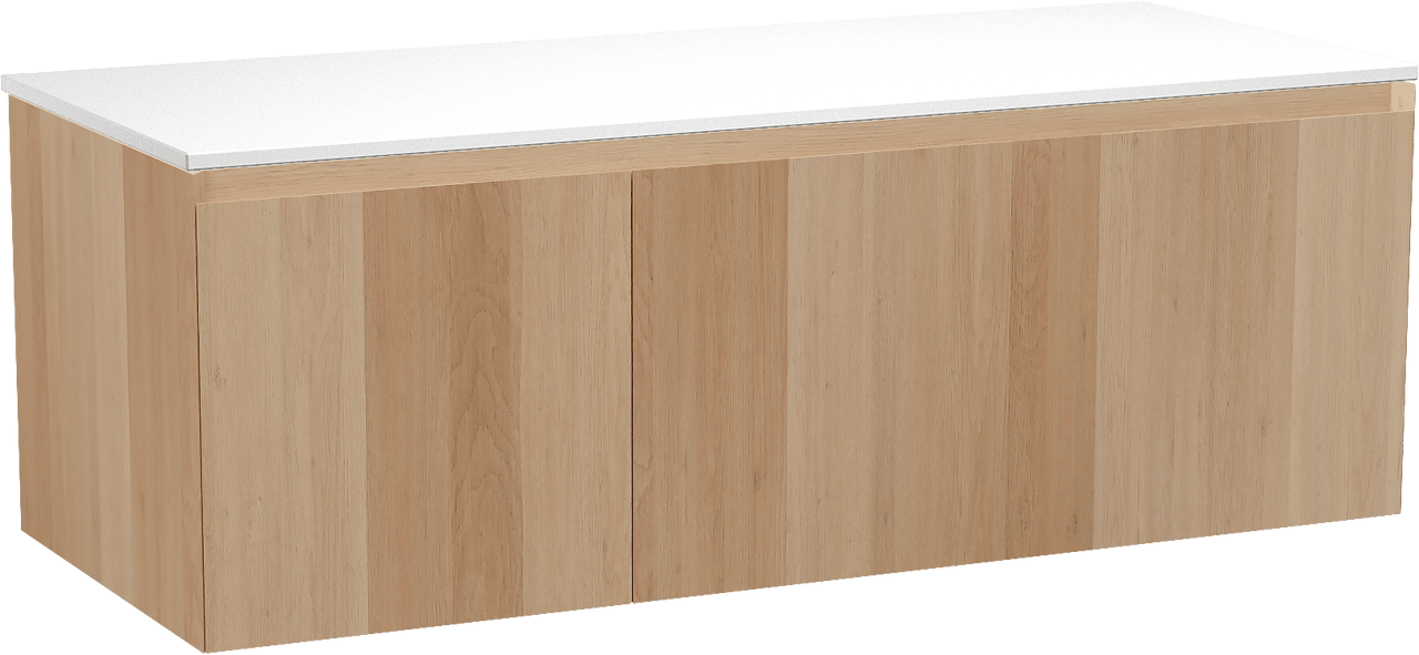 Balmani Idra hängendes Möbelstück Set: 135 x 55 cm, Naturbelassene Eiche, mit Stretto Einzel- oder Doppel Waschtischplatte, Solid Surface Weiß matt