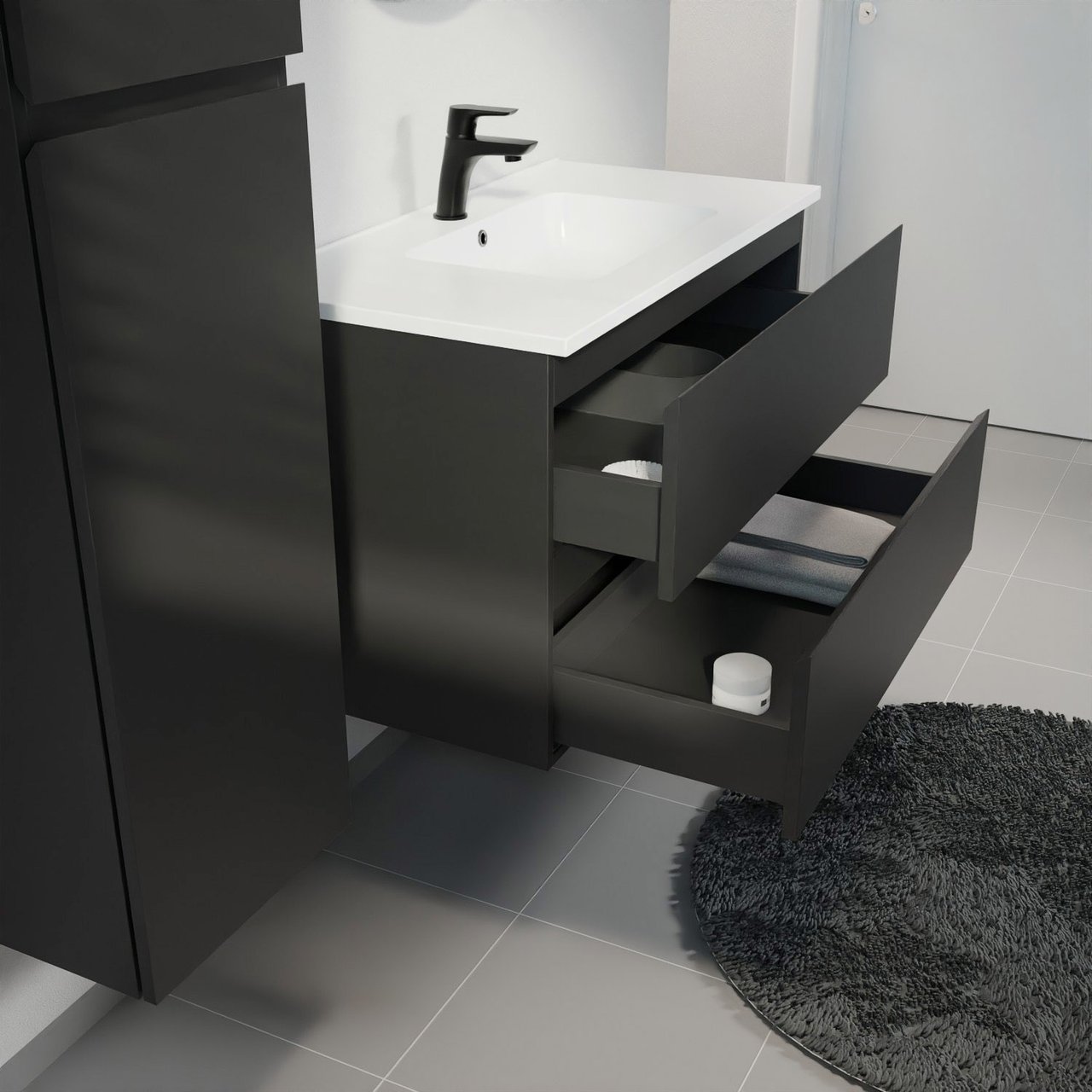 Linie Lado zwevend badmeubel 90 x 46 cm mat zwart met Vano enkele wastafel in composietmarmer mat wit