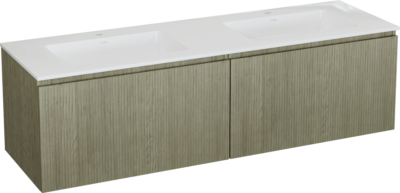 Storke Ribs meuble salle de bains suspendu 170 x 52 cm chêne brut avec Bilia double vasque en marbre composite blanc brillant, Nervure droite symétrique verticale