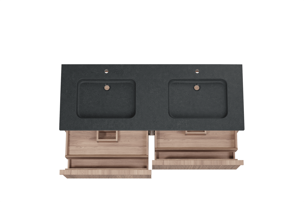 Balmani Forma zwevend badmeubel 150 x 55 cm teakhout met Napoli dubbele wastafel in zwart graniet, Verticale symmetrische rechte ribbel