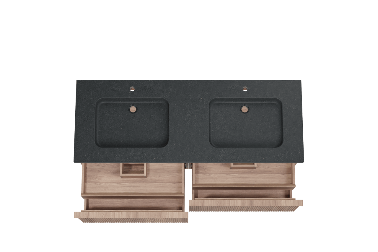 Balmani Forma hängendes Möbelstück Set: 150 x 55 cm, Teak, mit Napoli Doppelwaschtisch, Granit, Schwarzes Granit, Vertikale symmetrische gerade Rippe