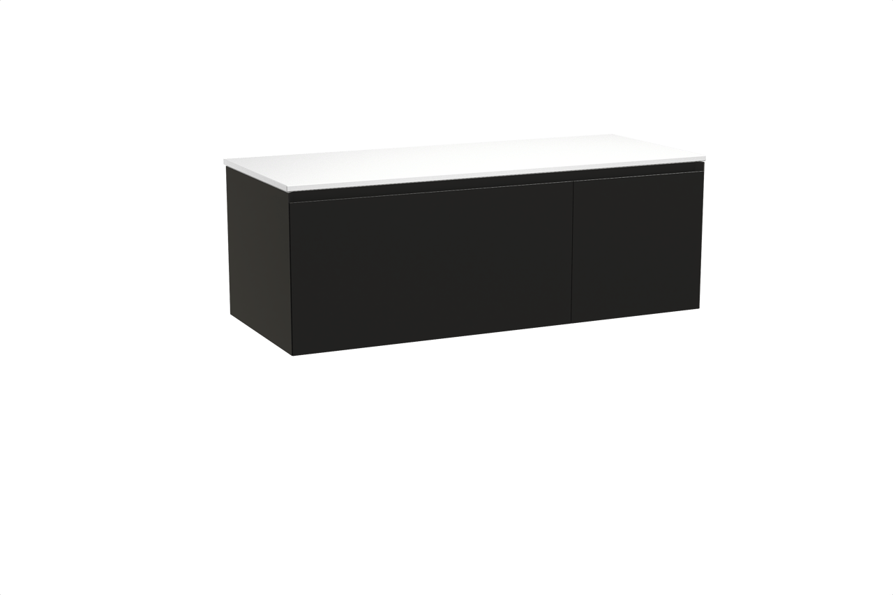 Balmani Idra meuble salle de bains suspendu 135 x 55 cm noir mat avec Stretto tablette simple ou double en solid surface blanc mat