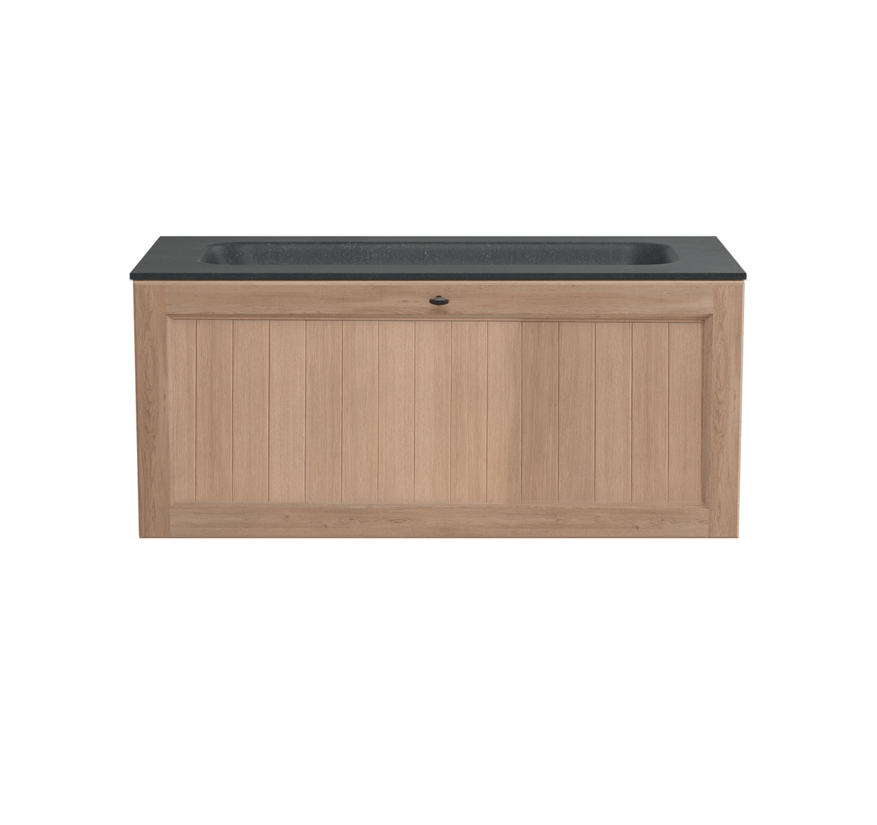 Balmani Lemon hängendes Möbelstück Set: 120 x 55 cm, Verwitterte Eiche, mit Tablo Arcato Einzelwaschtisch für 2 Armaturenlöcher, Schwarzes Granit