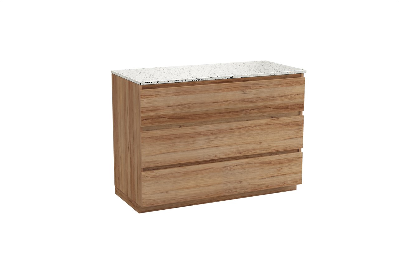 Balmani Lucida freistehendes Möbelstück Set: 120 x 55 cm, Teak, mit Stretto Einzel- oder Doppel Waschtischplatte, Terrazzo in Weiß/Schwarz matt