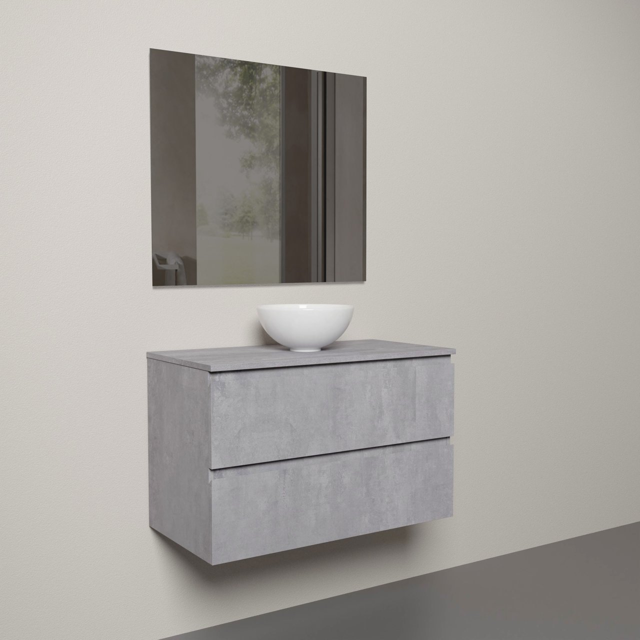 Linie Lado zwevend badmeubel 90 x 46 cm beton donkergrijs met Lado enkel wastafelblad in melamine beton donkergrijs, Lavo opzetwaskom in hoogglans wit en Soto badkamerspiegel