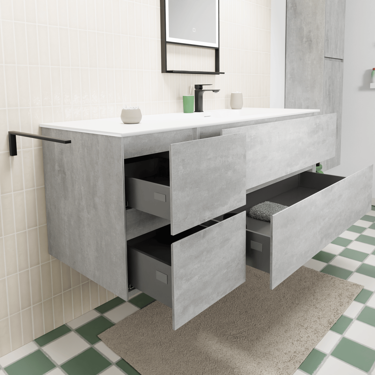 Storke Edge meuble salle de bains suspendu 140 x 52 cm béton gris foncé avec Mata plan vasque asymétrique à droite en solid surface blanc mat