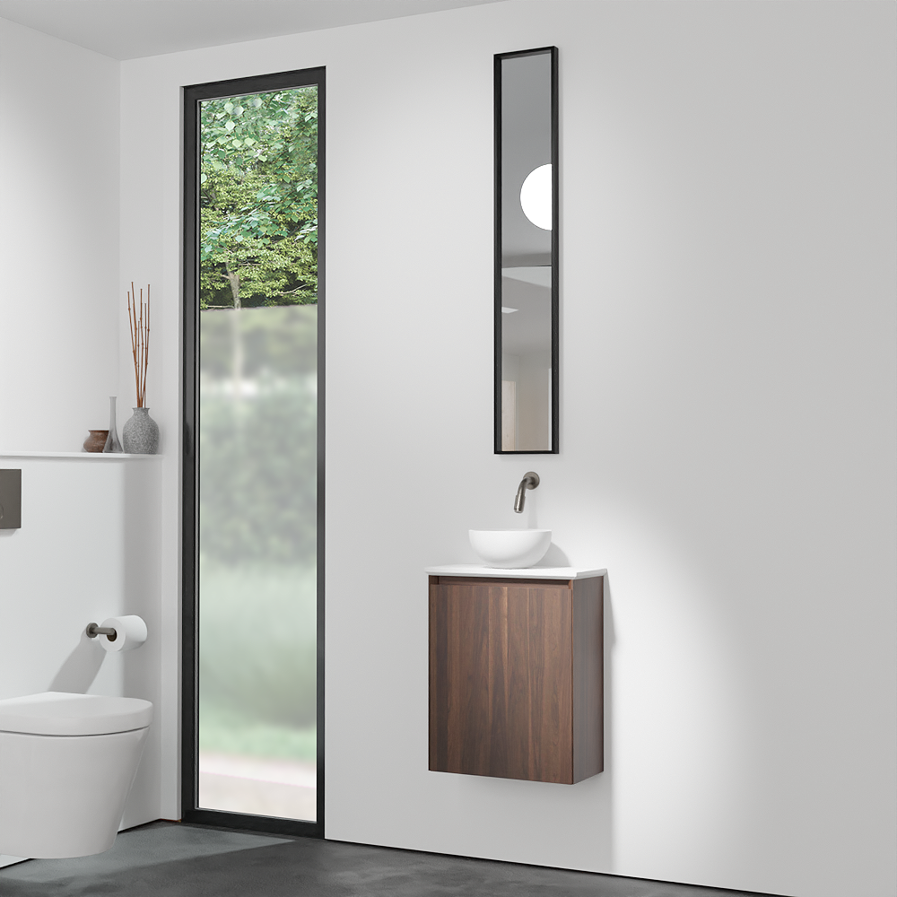 Balmani Mitra zwevend toiletmeubel 42 x 21 cm amerikaans notenhout met Facetta wastafelblad en Jazz waskom in matte Solid Surface