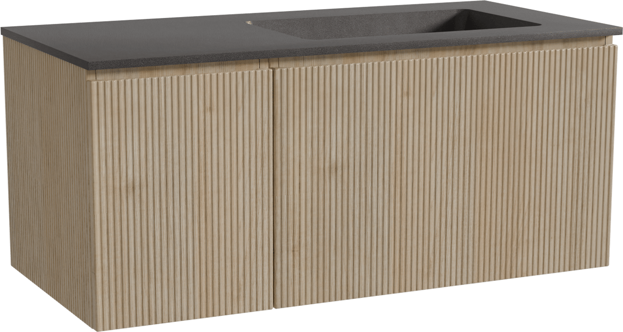 Storke Ribs hängendes Möbelstück Set: 110 x 52 cm, Rohe Eiche, mit Scuro Waschtisch rechts, Quarz, Schwarz matt, Vertikale symmetrische gerade Rippe