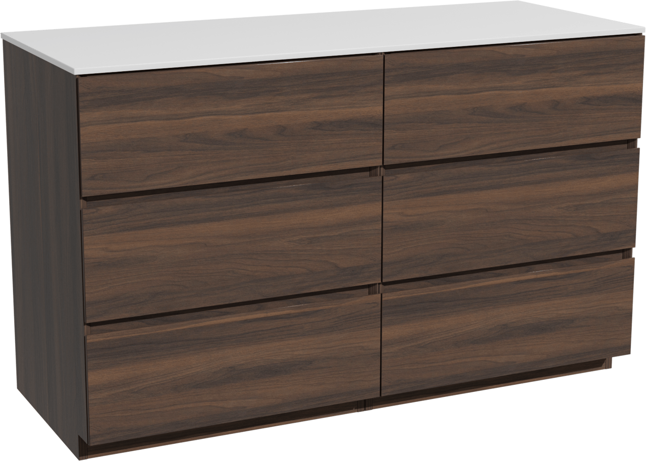 Storke Edge freistehendes Möbelstück Set: 130 x 52 cm, Nussbaum, mit Tavola Einzel- oder Doppel Waschtischplatte, Solid Surface Weiß matt