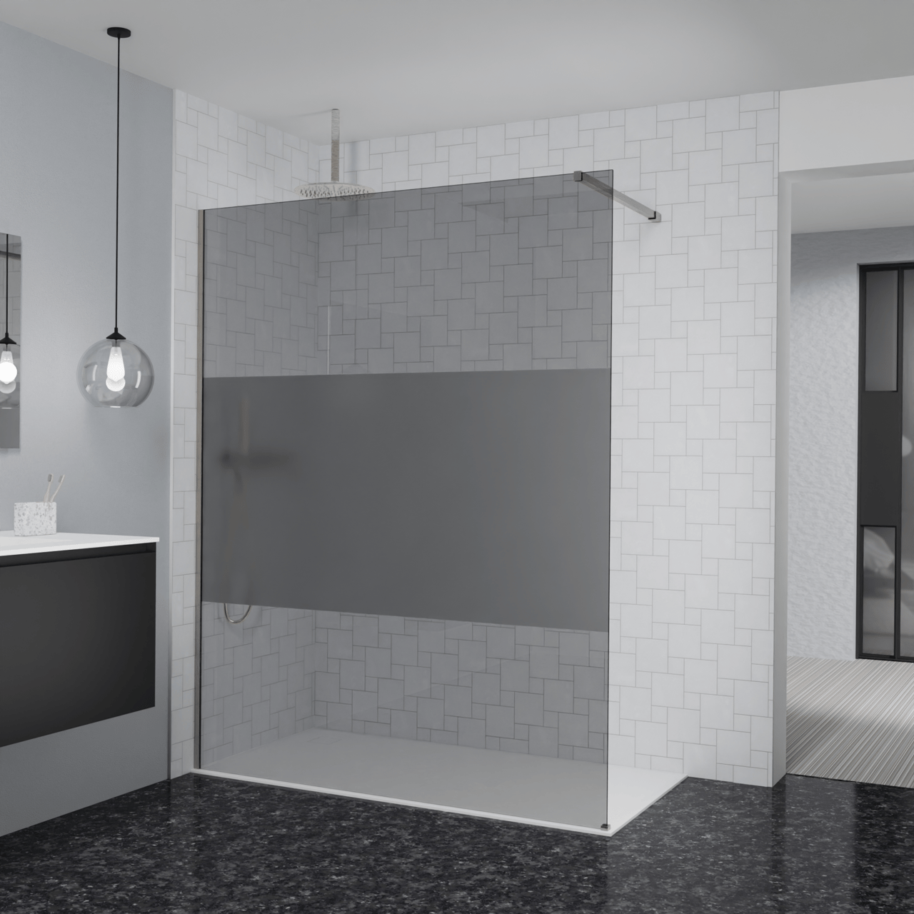 Balmani Modular Walk-In Dusche: 160 x 200 cm, Rauchglas mit mattiertem Streifen, inklusive Coating, Profil Brushed CoolMetal