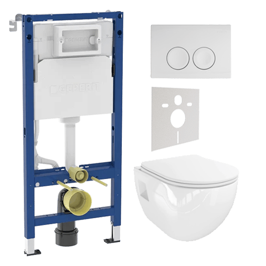WC Set: Linie Waldo Hänge WC, Weiß glänzend, spülrandlos, Geberit Duofix UP100 Delta Spülkasten mit Geberit Delta 25 Betätigungsplatte