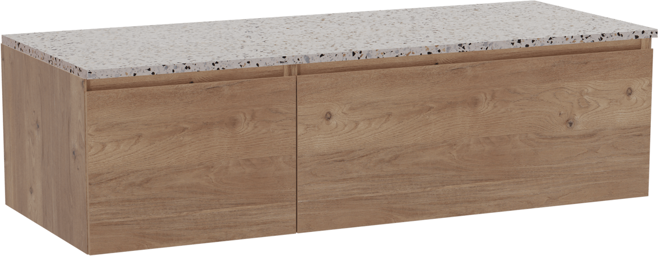 Storke Edge meuble salle de bains suspendu 130 x 52 cm chêne brut avec Tavola tablette simple ou double en blanc/noir mat terrazzo