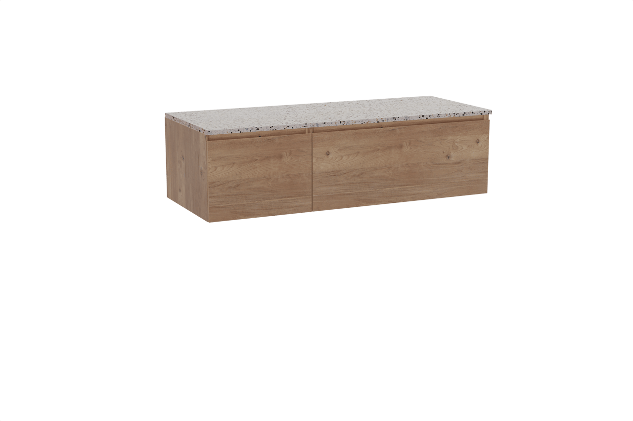 Storke Edge zwevend badkamermeubel 130 x 52 cm ruwe eik met Tavola enkel of dubbel tablet in mat wit/zwart terrazzo