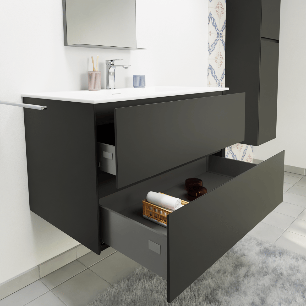 Storke Edge zwevend badmeubel 85 x 52 cm mat zwart met Mata enkele wastafel in solid surface mat wit