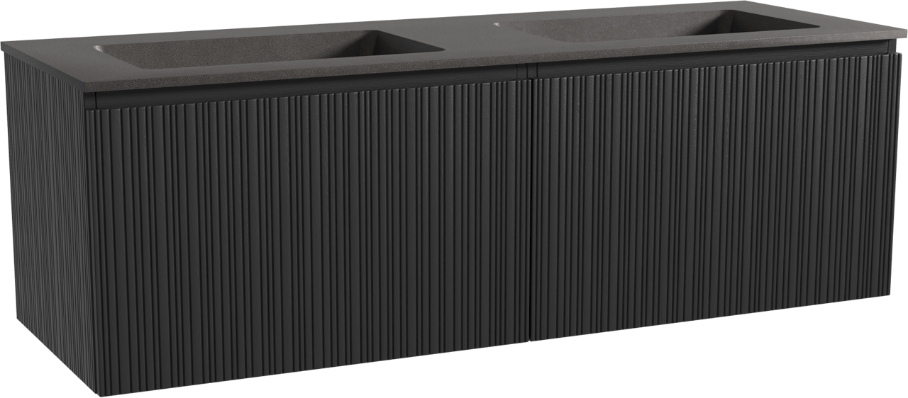 Storke Ribs zwevend badmeubel 150 x 52 cm zwart eiken met Scuro dubbele wastafel in kwarts mat zwart, Verticale asymmetrische rechte ribbel