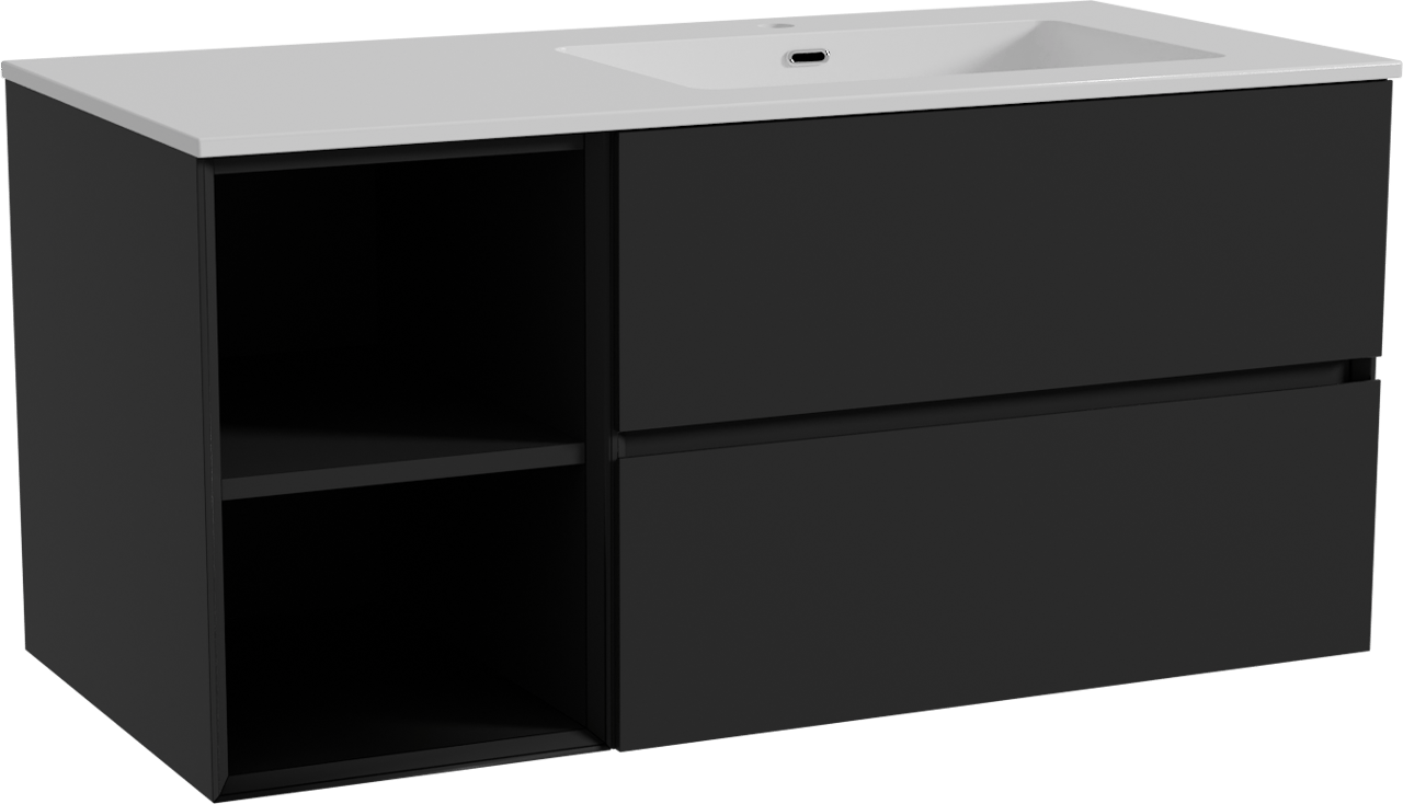 Storke Edge meuble salle de bains suspendu 110 x 52 cm noir mat avec Diva plan vasque asymétrique à droite en marbre composite blanc brillant