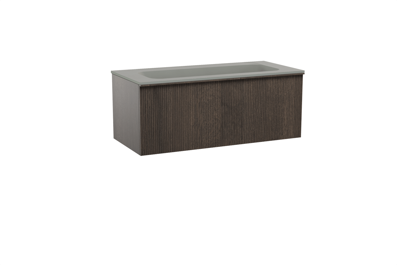 Balmani Forma zwevend badkamermeubel 120 x 55 cm gerookte eik met Tablo Strada enkele wastafel voor 2 kraangaten in composietmarmer zijdegrijs, Verticale symmetrische rechte ribbel