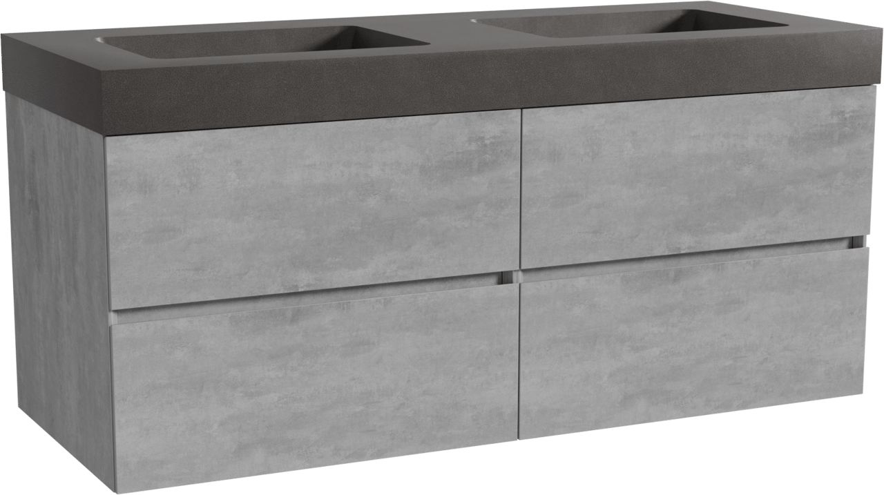 Storke Edge zwevend badmeubel 130 x 52 cm beton donkergrijs met Scuro High dubbele wastafel in kwarts mat zwart