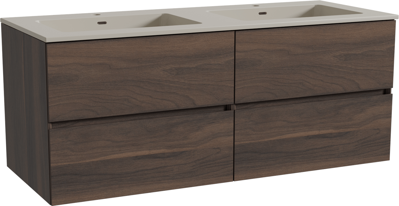 Storke Edge meuble salle de bains suspendu 130 x 52 cm noyer avec Diva double vasque en top solid soie grise