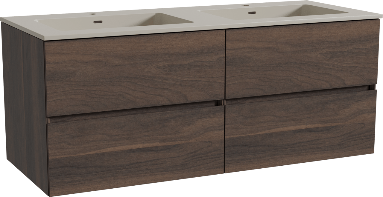 Storke Edge zwevend badmeubel 130 x 52 cm notenhout met Diva dubbele wastafel in top solid zijdegrijs