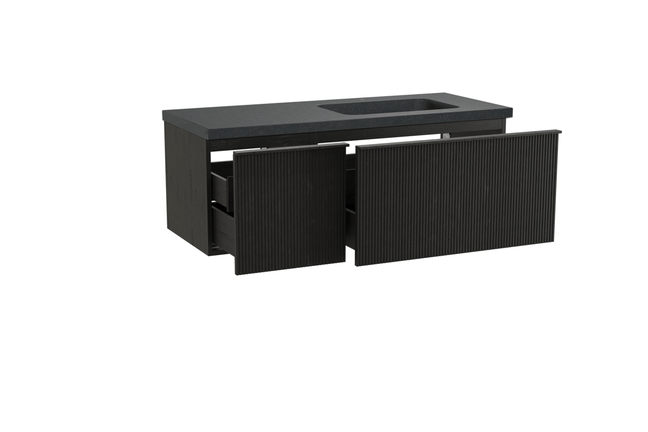 Balmani Forma zwevend badkamermeubel 135 x 55 cm zwarte eik met Napoli asymmetrisch rechtse wastafel in graniet zwart, Verticale symmetrische rechte ribbel