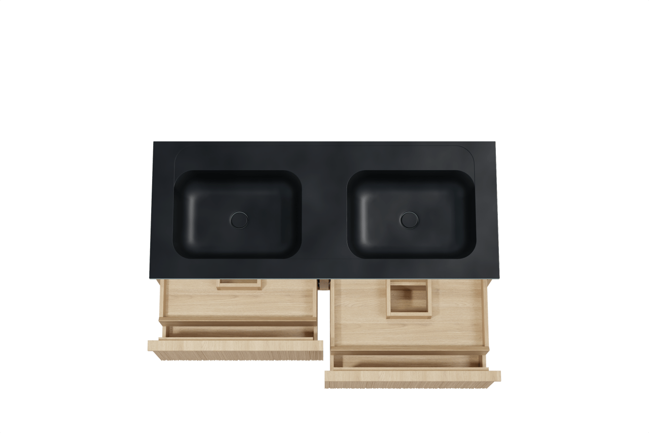 Balmani Forma zwevend badmeubel 135 x 55 cm naturel eiken met Tablo Strada dubbele wastafel in composietmarmer mat zwart, Verticale asymmetrische ronde ribbel