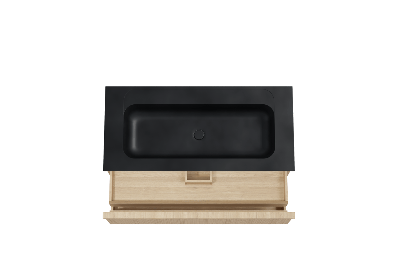 Balmani Forma hängendes Möbelstück Set: 120 x 55 cm, Naturbelassene Eiche, mit Tablo Strada Einzelwaschtisch für 2 Armaturenlöcher, Marmorkomposit, Schwarz matt, Vertikale asymmetrische Runde Rippe