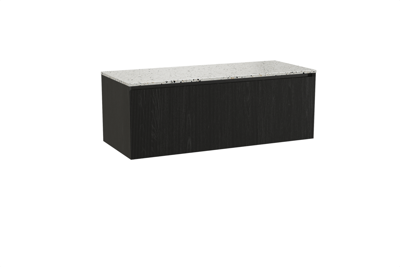 Balmani Fila meuble salle de bains suspendu 135 x 55 cm chêne noir avec Stretto tablette simple ou double en blanc/noir mat terrazzo, Nervure droite symétrique verticale