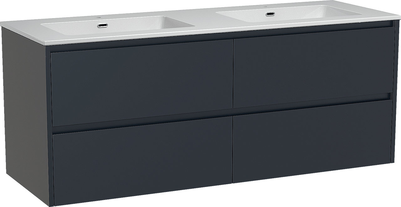 Storke Seda meuble salle de bains suspendu 150 x 52 cm bleu nuit avec Diva double vasque en marbre composite blanc brillant