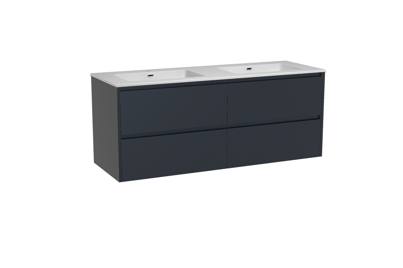 Storke Seda zwevend badkamermeubel 150 x 52 cm nachtblauw met Diva dubbele wastafel in composietmarmer glanzend wit