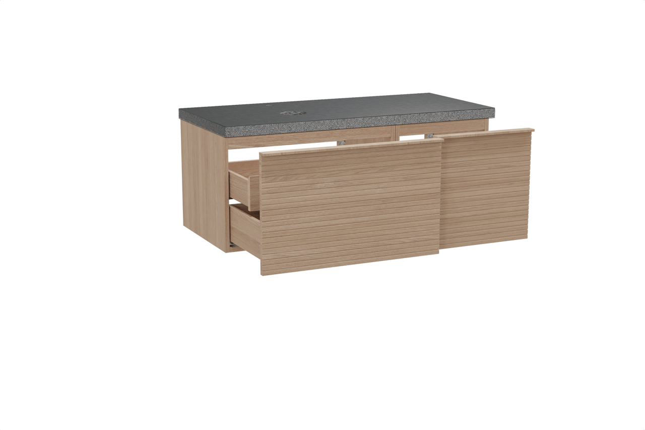 Balmani Forma hängendes Möbelstück Set: 120 x 55 cm, Naturbelassene Eiche, mit Rock Waschtisch links, Granit, Schwarzes Granit, Horizontale symmetrische gerade Rippe