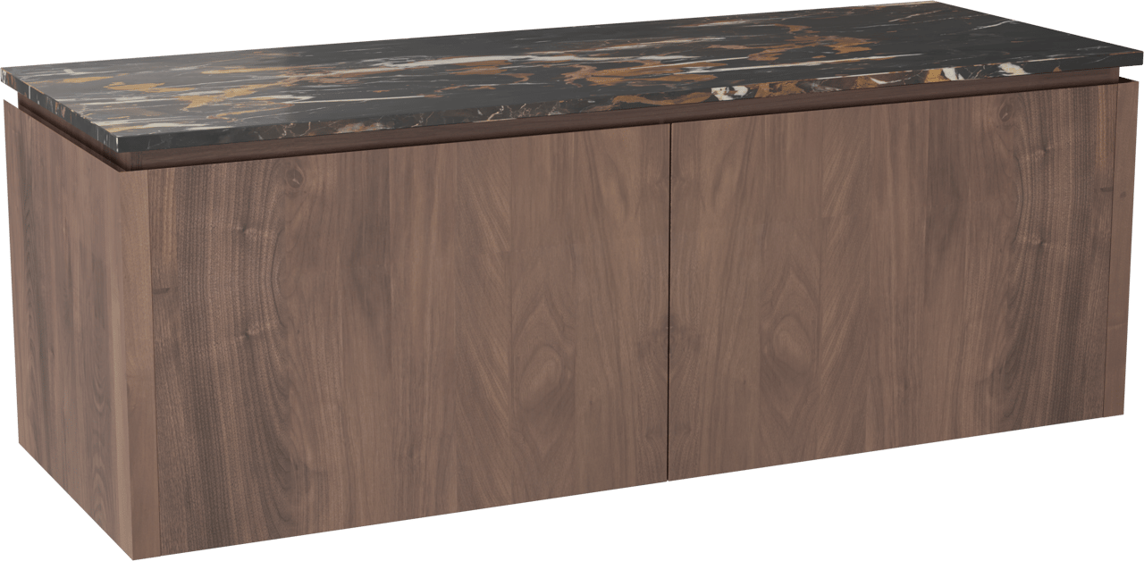 Balmani Eclips meuble salle de bains suspendu 150 x 55 cm Noyer américain avec Stretto tablette simple ou double vasque en Portoro Gold marbre