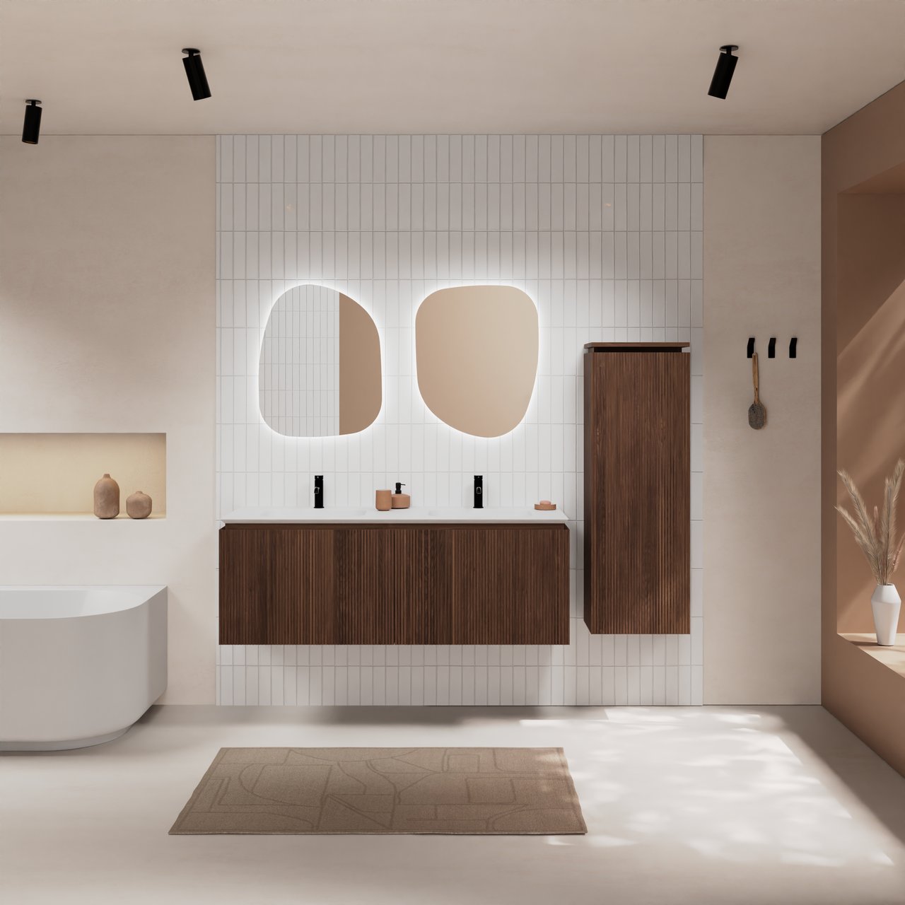 Balmani Eclips Ribs zwevende kolomkast rechts Amerikaans notenhout 44 x 32 x 130 cm vert. sym. groef