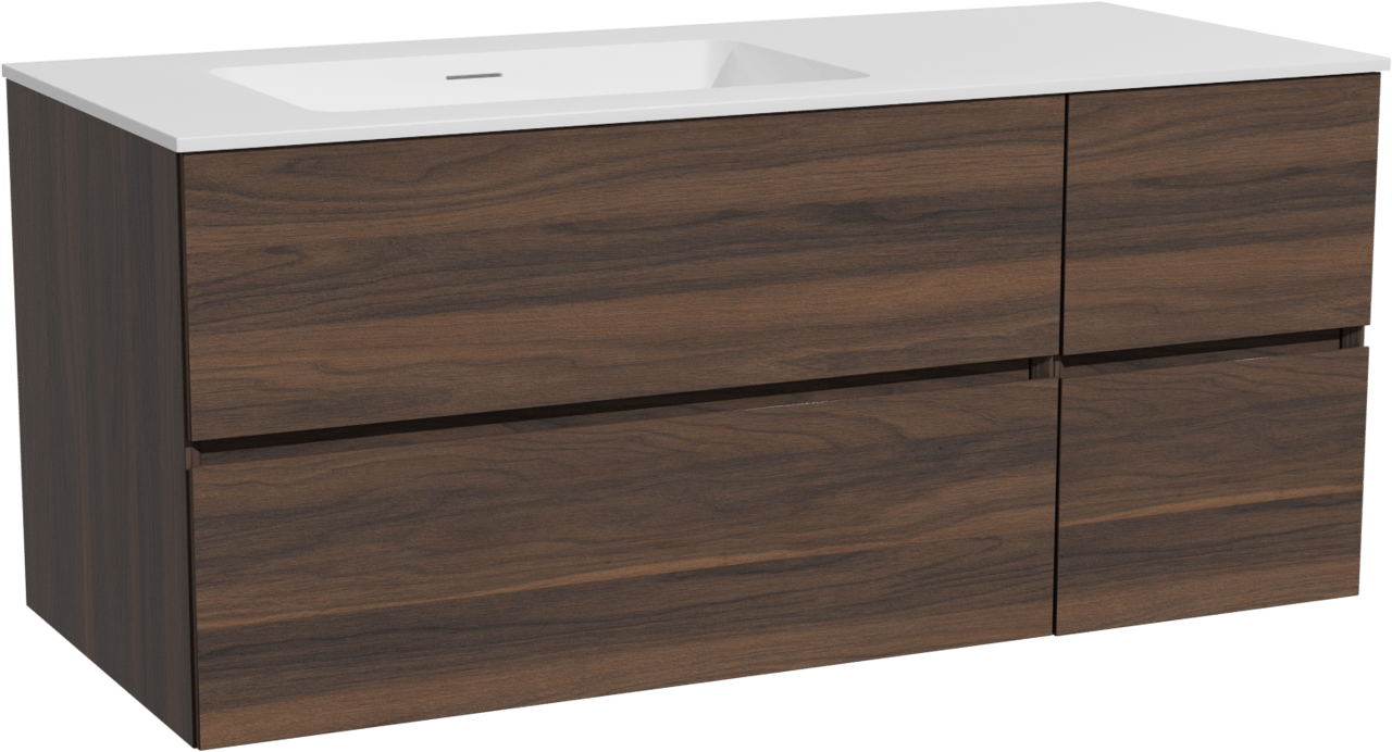 Storke Edge hängendes Möbelstück Set: 120 x 52 cm, Nussbaum, mit Mata Waschtisch links, Solid Surface Weiß matt