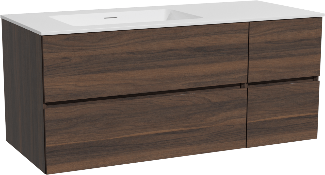Storke Edge hängendes Möbelstück Set: 120 x 52 cm, Nussbaum, mit Mata Waschtisch links, Solid Surface Weiß matt