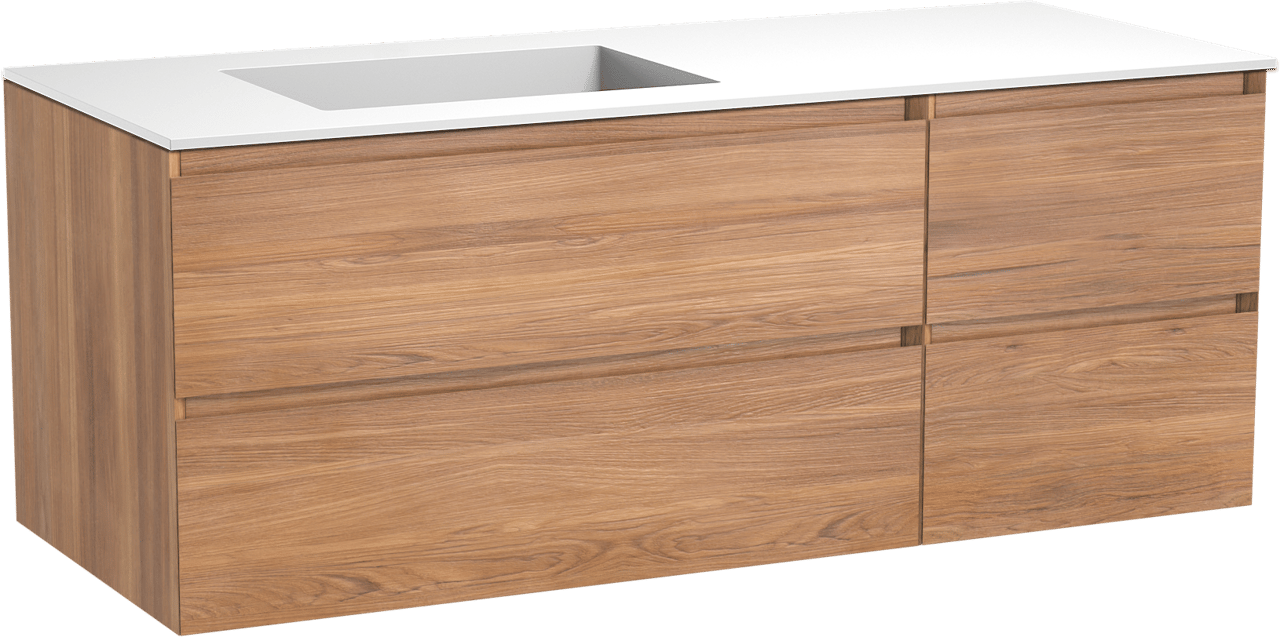 Balmani Mitra hängendes Möbelstück Set: 135 x 55 cm, Teak, mit Tablo Stretto Waschtisch links, Solid Surface Weiß matt