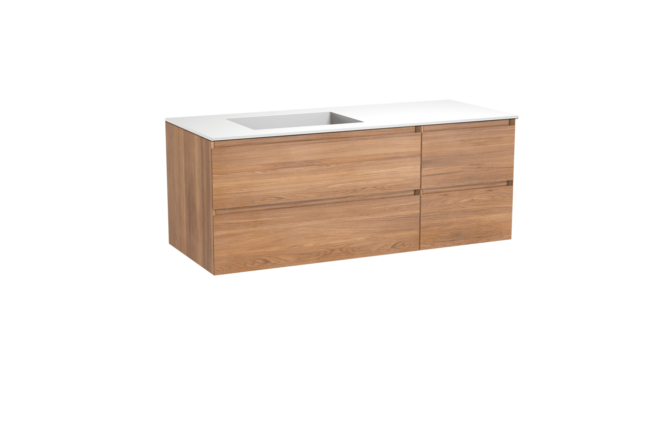 Balmani Mitra hängendes Möbelstück Set: 135 x 55 cm, Teak, mit Tablo Stretto Waschtisch links, Solid Surface Weiß matt