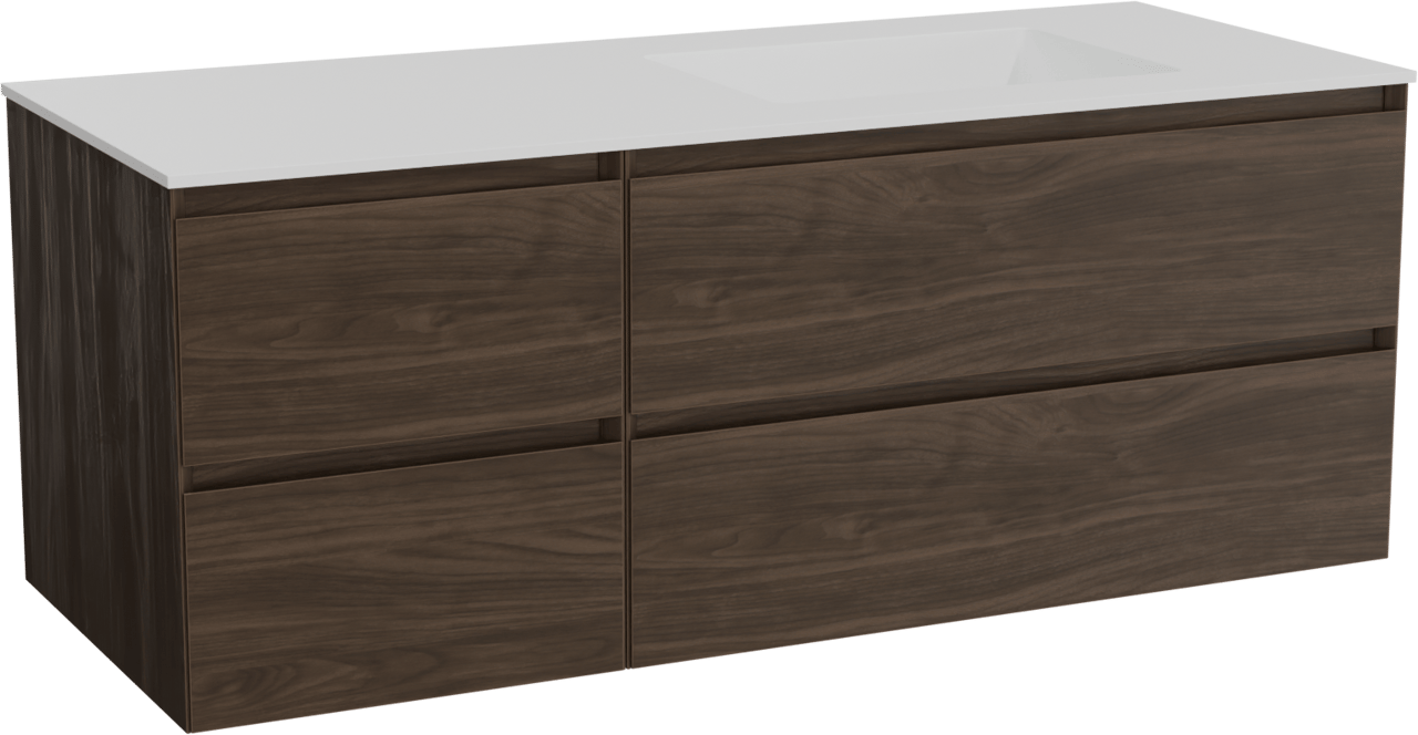 Balmani Mitra zwevend badkamermeubel 135 x 55 cm amerikaanse notelaar met Tablo Stretto asymmetrisch rechtse wastafel in solid surface mat wit