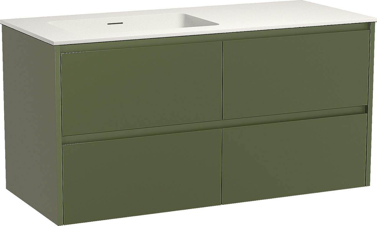 Storke Seda zwevend badmeubel 120 x 52 cm olijfgroen met Mata asymmetrisch linkse wastafel in solid surface mat wit