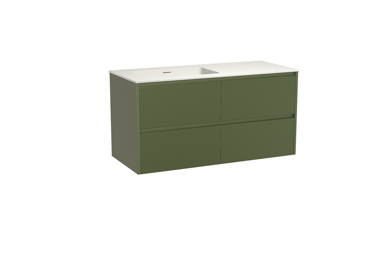 Storke Seda meuble salle de bains suspendu 120 x 52 cm vert olive avec Mata vasque asymétrique gauche en solid surface blanc mat