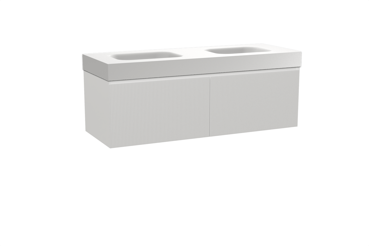 Balmani Fila hängendes Möbelstück Set: 150 x 55 cm, Weiß matt, mit Arcato Doppelwaschtisch, Solid Surface, Weiß matt, Vertikale symmetrische gerade Rippe