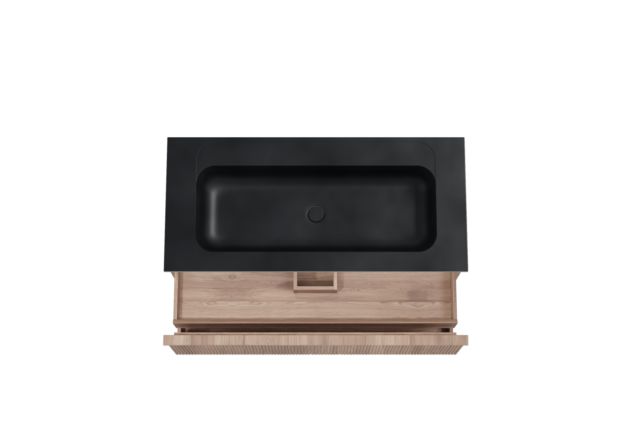 Balmani Forma hängendes Möbelstück Set: 120 x 55 cm, Teak, mit Tablo Strada Einzelwaschtisch für 2 Armaturenlöcher, Marmorkomposit, Schwarz matt, Vertikale symmetrische gerade Rippe