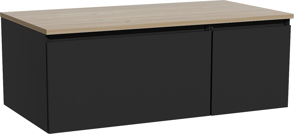 Storke Edge hängendes Möbelstück Set: 100 x 52 cm, Schwarz matt, mit Panton Einzel Waschtischplatte, Melamin Rohe Eiche