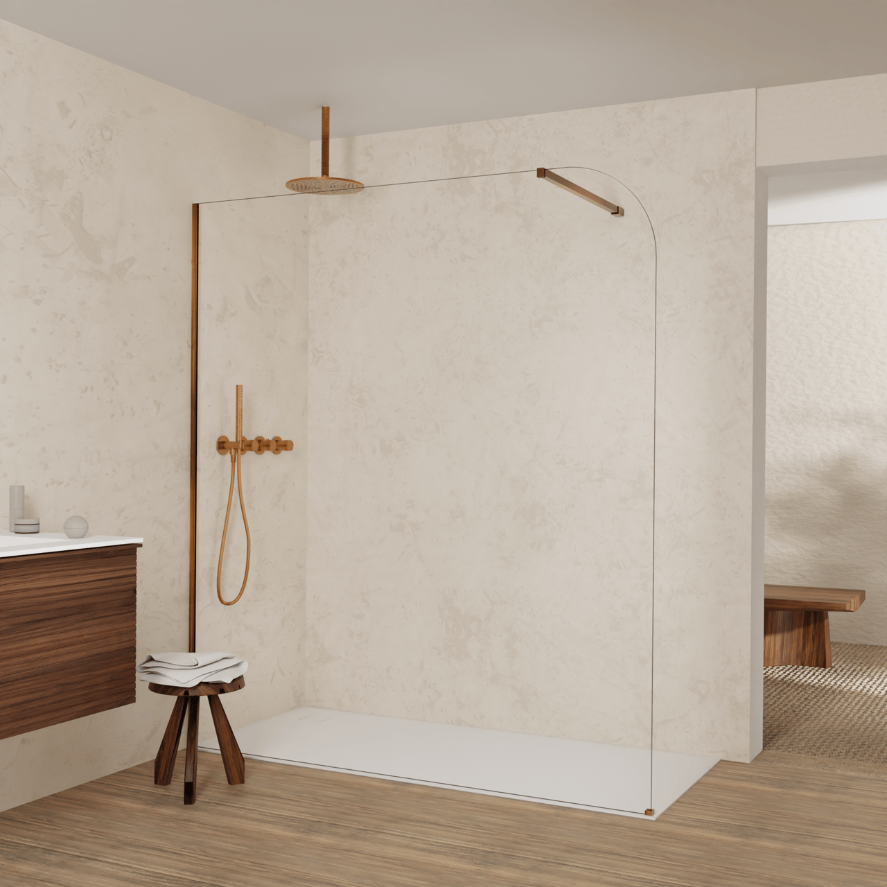 Balmani Modular Walk-In Dusche: 180 x 200 cm, Klarglas abgerundet, Profil Brushed Rosegold