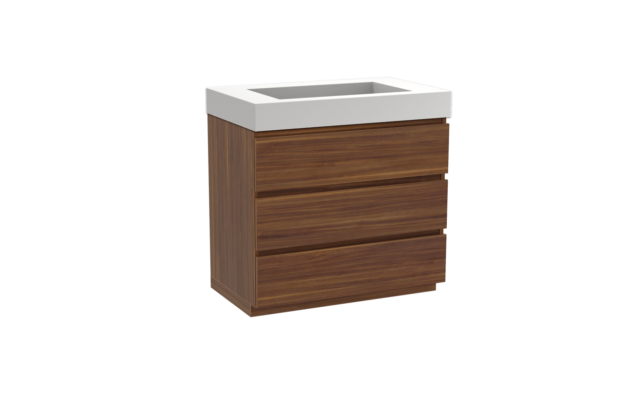 Balmani Lucida freistehendes Möbelstück Set: 90 x 55 cm, Amerikanischer Nussbaum, mit Modus Einzelwaschtisch, Solid Surface Weiß matt